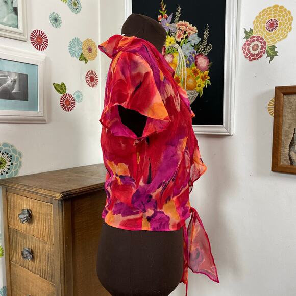 Vintage Chiffon Bolero Top, 1990s Cache Fuchsia Floral Short Sleeve Jacket Sz S - Picture 6 of 10